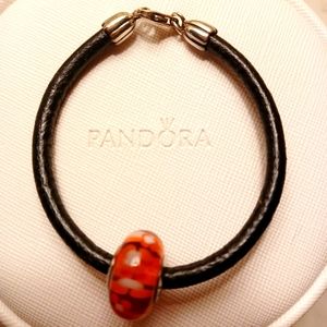 Auth Pandora leather & SS bracelet with permanent orange XL Murano